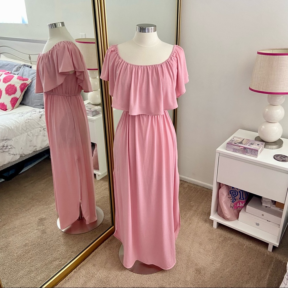 THANTH Off the Shoulder Ruffle Side Split Maxi Dress